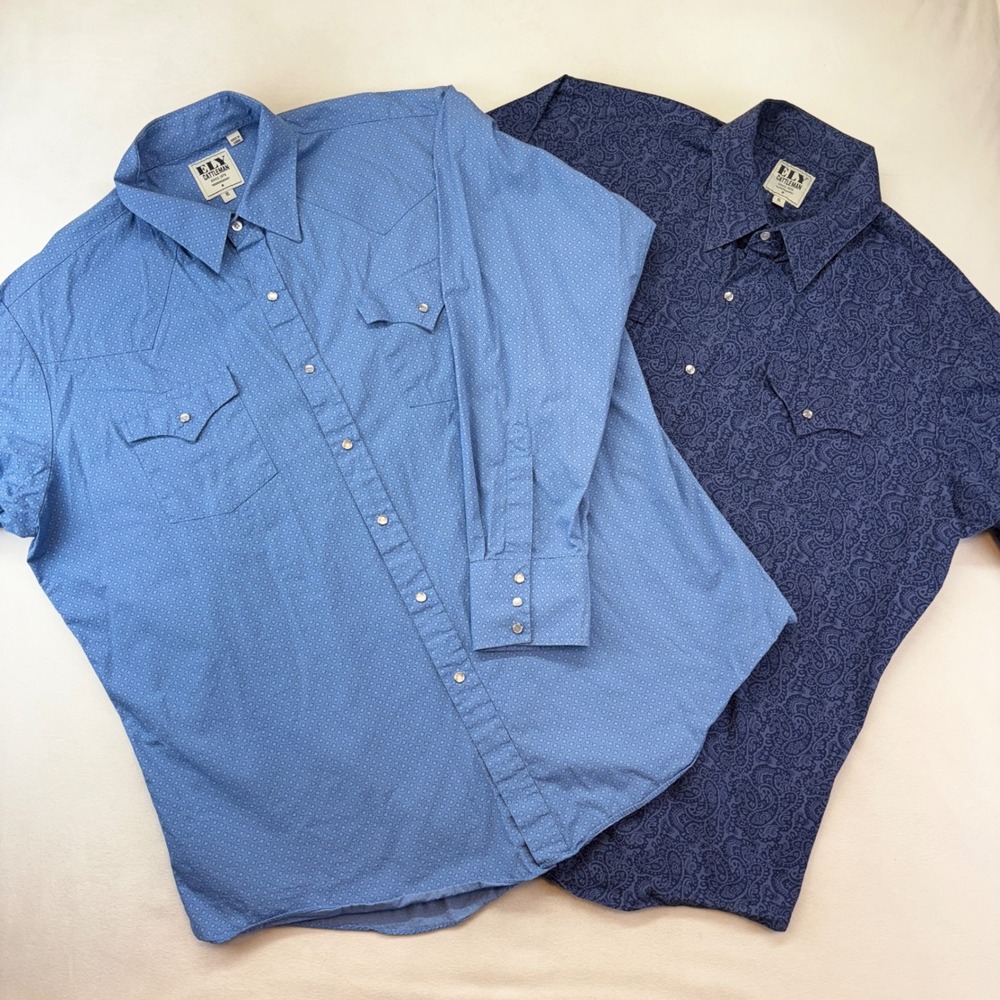 Ely Cattleman Western Snap Shirt Mens XL Blue Paisley Geometric Lot of 2